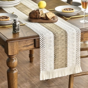Sm:)e Boho Tassel Table Runners 12 x 72 Inch, Cream & Brown Farmhouse Table Runner with Macrame for Rustic Wedding Party Dining Decor