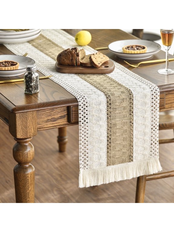 Boho Tassel Table Runners 12 x 72 Inch, Cream & Brown Farmhouse Table Runner with Macrame for Rustic Wedding Party Dining Decor