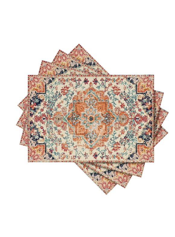 Sm:)e Boho Placemats Set of 4, Daily Orange Teal Flowes Bohemia Table Mats for Home Party Dining Decoration 12x18 Inch