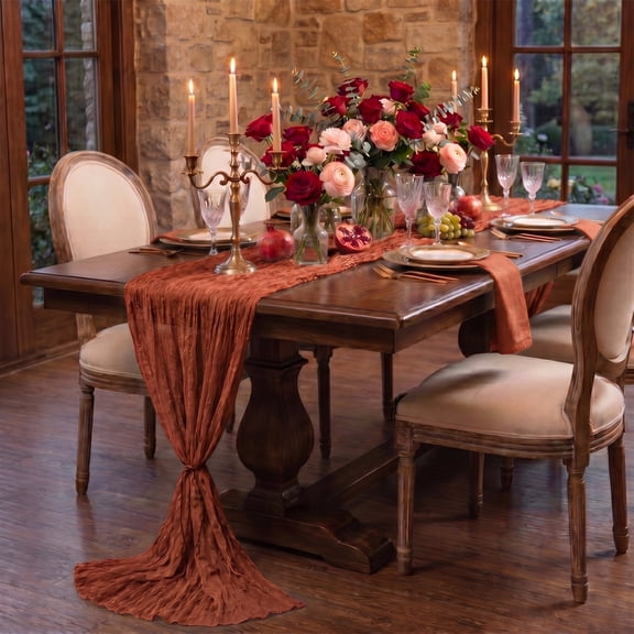 Sm:)e Boho Terracotta Gauze Cheesecloth Fall Table Runner 35x120 Inch, Multi-Purpose Decor for Kitchen Dining Wedding Holiday Party