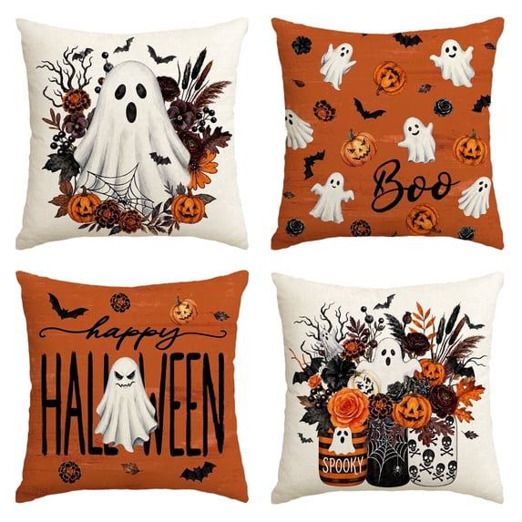 Sm:)e Boo Ghost Pumpkin Spider Web Bat Happy Halloween Pillow Covers 18x18 Inch Set of 2, Cushion Covers for Sofa Home Decor