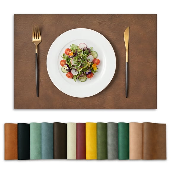 Sm:)e Brown Faux Leather Placemats Set of 4, 12x18 Inch, Waterproof Oil-Proof Wipeable PU Place Mats, Heat Resistant Reversible Table Mats for Kitchen, Dining, Outdoor