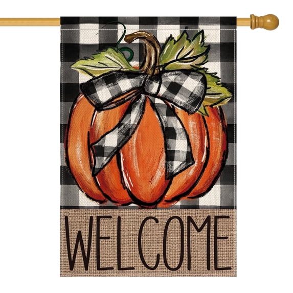Sm:)e Buffalo Check Plaid Fall Pumpkin Welcome House Flag Double Sided 28 x 40 Inch