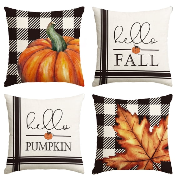 Sm:)e Buffalo Check Plaid Fall Throw Pillow Covers 16 x 16 Set of 4 Maple Leaf Hello Pumpkin White