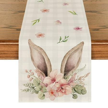 Sm:)e Buffalo Plaid Bunny Ears Easter Table Runner 13 x 72 Inch, Seasonal Holiday Table Decoration