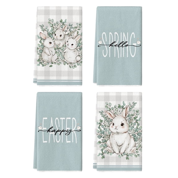 Sm:)e Buffalo Plaid Bunny Rabbit Eucalyptus Leaves Happy Easter Kitchen Towels Dish Towels, 18x26 Inch Hand Towels Set of 4