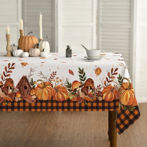 Sm:)e Buffalo Plaid Fall Thanksgiving Table Cloth 52 x 70 Inch Rectangle, Pumpkin Birdhouse Mushroom Orange