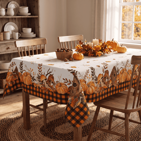 Sm:)e Buffalo Plaid Fall Table Cloth 60 x 84 Inch Rectangle, Thanksgiving Pumpkin Birdhouse Mushroom Orange