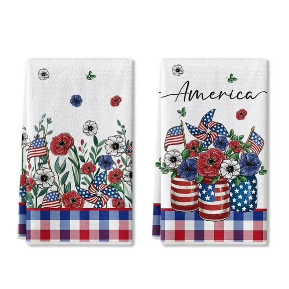 Sm:)e Buffalo Plaid Flower Vase American Flag 4th of July Kitchen Dish Towels Set of 2 18x26 Inch, Red, Soft & Absorbent Patriotic Independence Day Washcloth