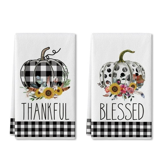 Sm:)e Buffalo Plaid Polka Dot Pumpkin Sunflower Harvest Fall Thanksgiving Kitchen Dish Towels Set of 2, 18x26 Inch