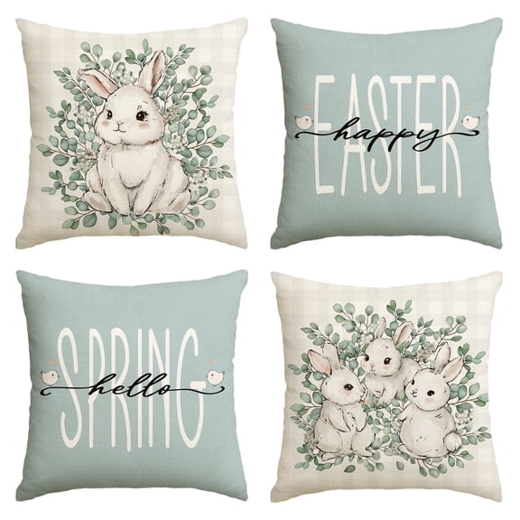 Sm:)e Buffalo Plaid Rabbit Happy Easter Throw Pillow Cover, 18 x 18 Inch Eucalyptus Leaves Hello Spring Cushion Case Decoration for Sofa Couch Set of 4
