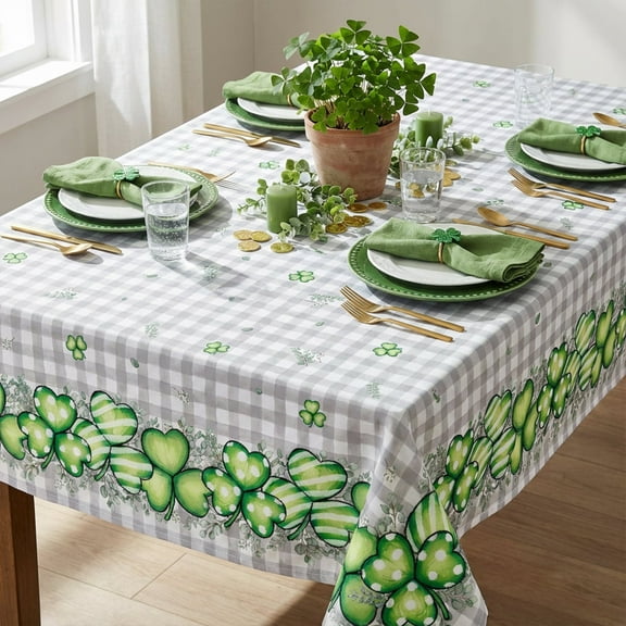 Sm:)e Buffalo Plaid Shamrock Eucalyptus St. Patrick's Day Tablecloth 60x84 Inch