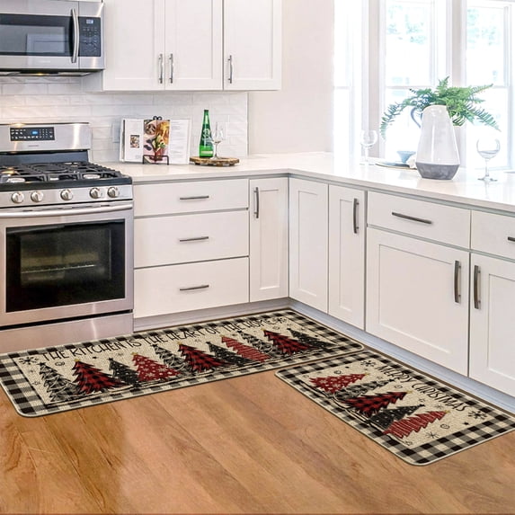 Sm:)e Buffalo Plaid Xmas Tree Merry Christmas Kitchen Mats Set of 2, Winter Home Decor Low-Profile Kitchen Rugs for Floor - 17x29 and 17x47 Inch