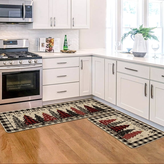 Sm:)e Buffalo Plaid Xmas Tree Merry Christmas Kitchen Mats Set of 2, Winter Home Decor Low-Profile Kitchen Rugs for Floor - 17x29 and 17x47 Inch