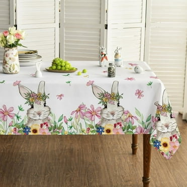 Sm:)e Bunny Floral Easter Tablecloth 60 x 84 Inch Seasonal Rectangle Washable Table Linen Holiday Table Cover for Home Kitchen Dining Decor