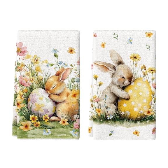 Sm:)e Bunny Flower Eggs Easter Kitchen Dish Towels 18x26 Inch Set of 2