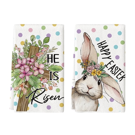 Sm:)e Bunny He is Risen Flower Easter Kitchen Dish Towels 18x26 Inch Set of 2
