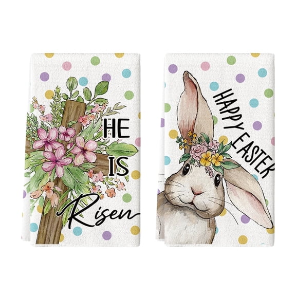 Sm:)e Bunny He is Risen Flower Easter Kitchen Dish Towels 18x26 Inch Set of 2