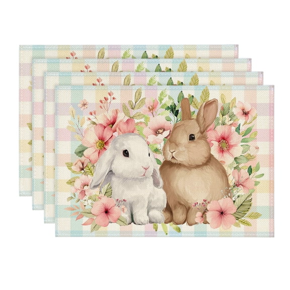 Sm:)e Bunny Rabbit Flowers Floral Buffalo Plaid Easter Placemats Set of 4, 12x18 Inch Spring Table Mats for Party Kitchen Dining Decoration