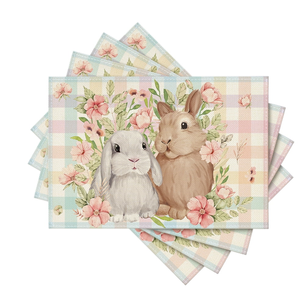 Sm)e Bunny Rabbit Flowers Floral Buffalo Plaid Easter Placemats Set of