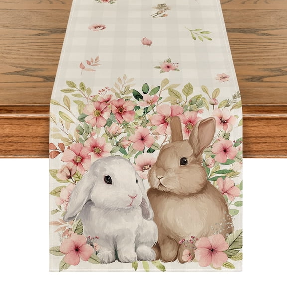 Sm:)e Bunny Rabbit Flowers Leaves Pink Buffalo Plaid Easter Table Runner 13x72 Inch