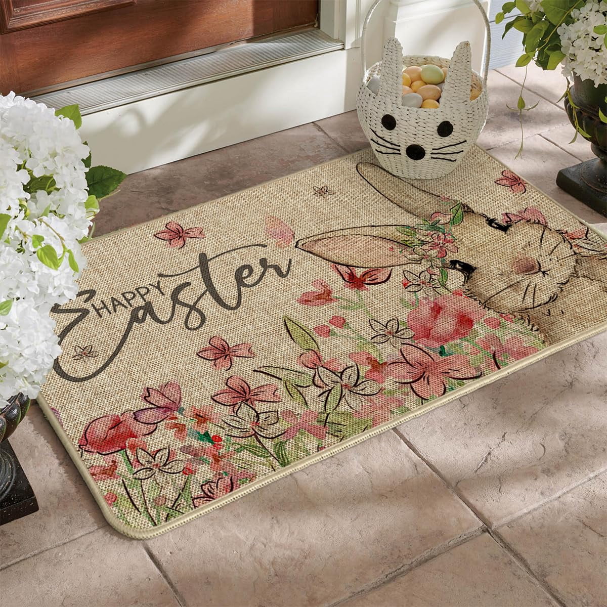 Sm)e Bunny Rabbits Floral Easter Doormat, Elegant Home Decor Low