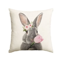 Sm:)e Bunny Tulip Easter Throw Pillow Cover, 18 x 18 Inch Spring Gray Rabbit Cushion Case Decoration for Sofa Couch