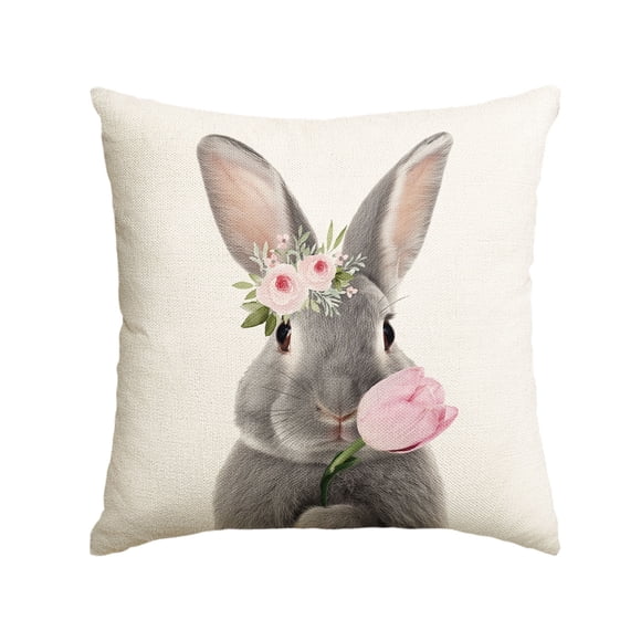 Sm:)e Bunny Tulip Easter Throw Pillow Cover, 18 x 18 Inch Spring Gray Rabbit Cushion Case Decoration for Sofa Couch
