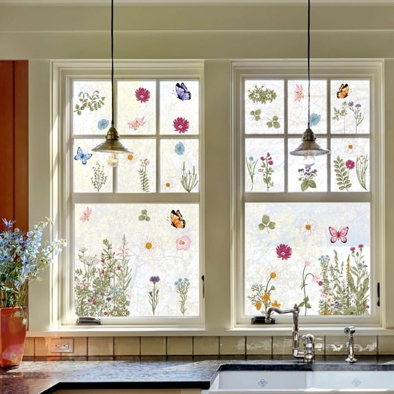 Sm:)e 4 Sheets 61PCS Butterfly Floral Fern Plants Spring Summer Window Sticker, Glass Home Classroom Office Shop Display Decoration Reusable Party Supplies