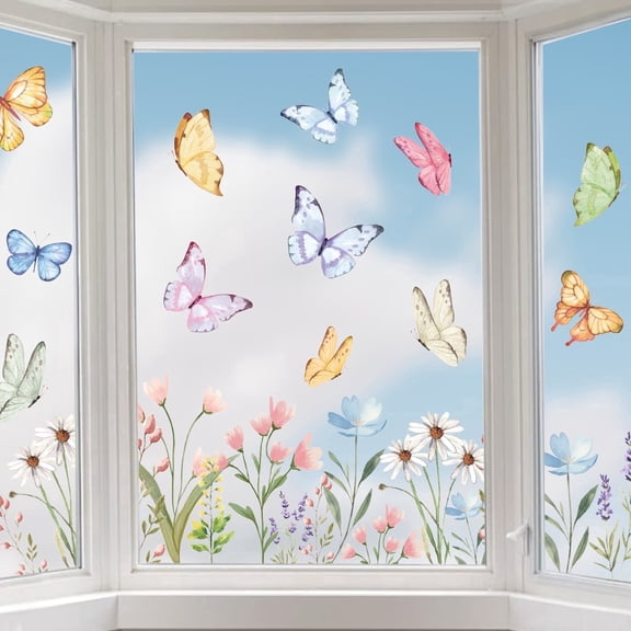 Sm:)e 4 Sheets 50PCS Butterfly Floral Tulips Spring Window Sticker, Glass Home Classroom Office Shop Display Decoration Reusable Party Supplies