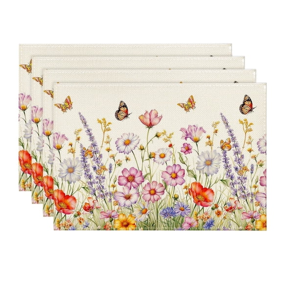 Sm:)e Butterfly Flowers Floral Spring Placemats Set of 4, 12 x 18 Inch, Seasonal Kitchen Dining Table Decoration for Home Party Decor