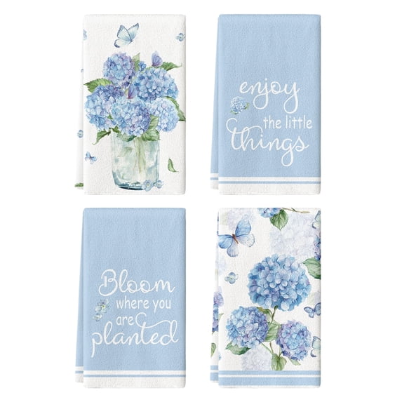 Sm:)e Butterfly Hydrangea Bloom Sping Flowers Kitchen Towels Set of 4, 18x26 Inch, Light Blue