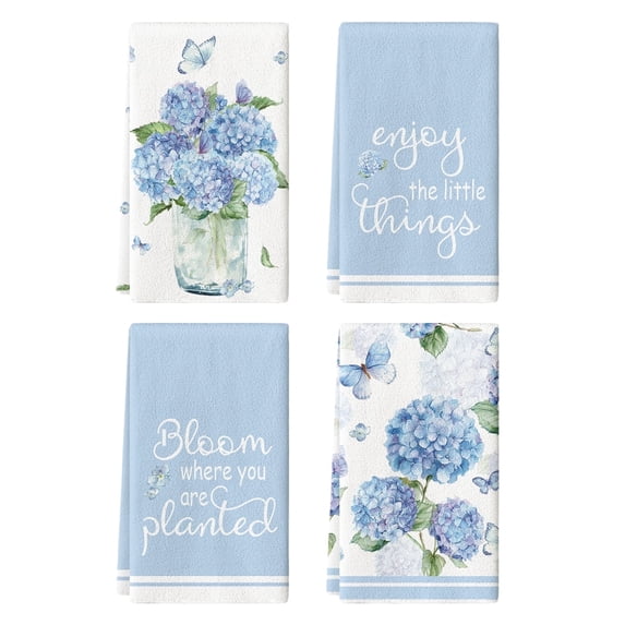 Sm:)e Butterfly Hydrangea Bloom Sping Flowers Kitchen Towels Set of 4, 18x26 Inch, Light Blue