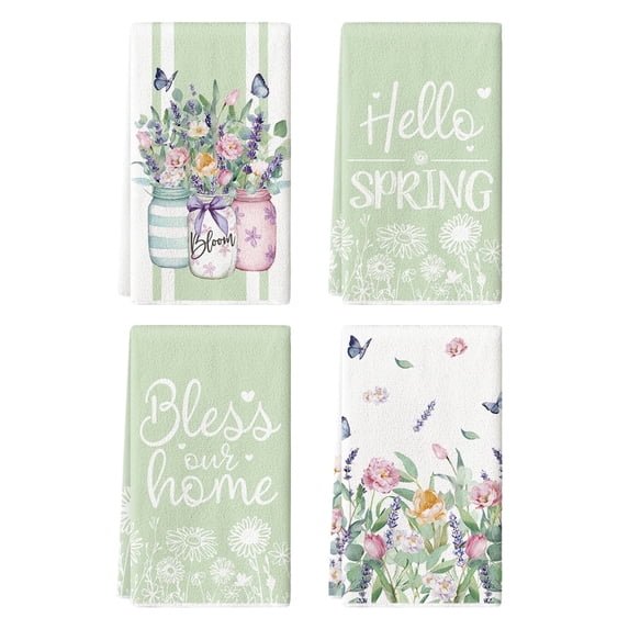 Sm:)e Butterfly Sping Flowers Kitchen Towels Set of 4, 18x26 Inch, Light Green