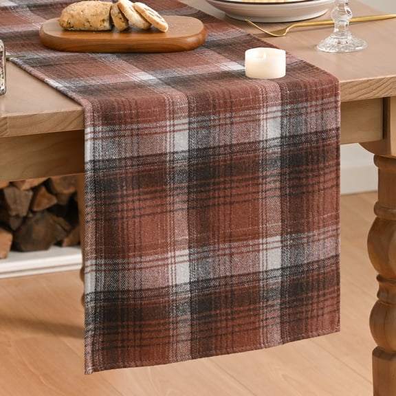 Sm:)e Caramel Brown Rustic Plaid Fall Table Runner 13x72 Inch, Farmhouse Autumn Holiday Dining Decoration