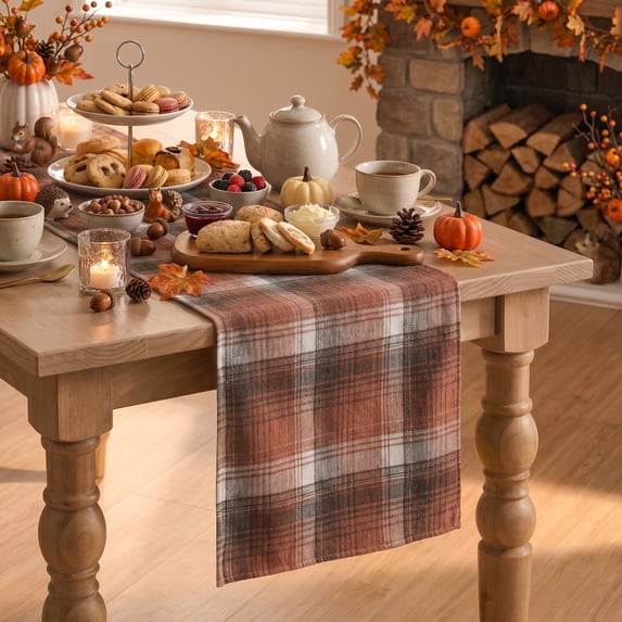 Sm:)e Caramel Brown Rustic Plaid Fall Table Runner 13x72 Inch, Farmhouse Autumn Holiday Dining Decoration