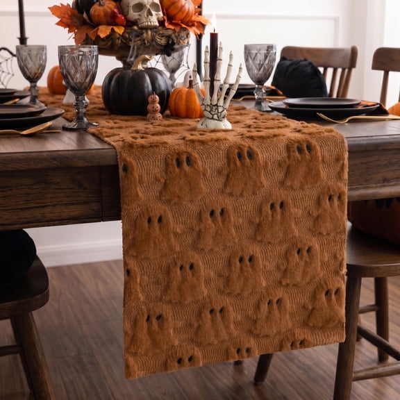 Sm:)e Caramel Ghost Halloween Table Runner 13x72 Inch, Soft Plush Faux Fur Mantel Kitchen Dining Table Decor, Halloween Home Party Decor