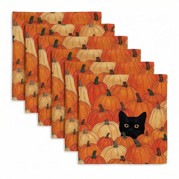 Sm:)e Cat Pumpkin Fall Cloth Napkins Set of 6 Reusable Dinner Napkins, Washable Table Napkin for Wedding/Holiday Party/Baby Shower 18"x18"