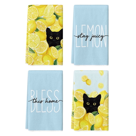 Sm:)e Cat Yellow Lemon Summer Kitchen Dish Towels 18x26 Inch Set of 4, Blue