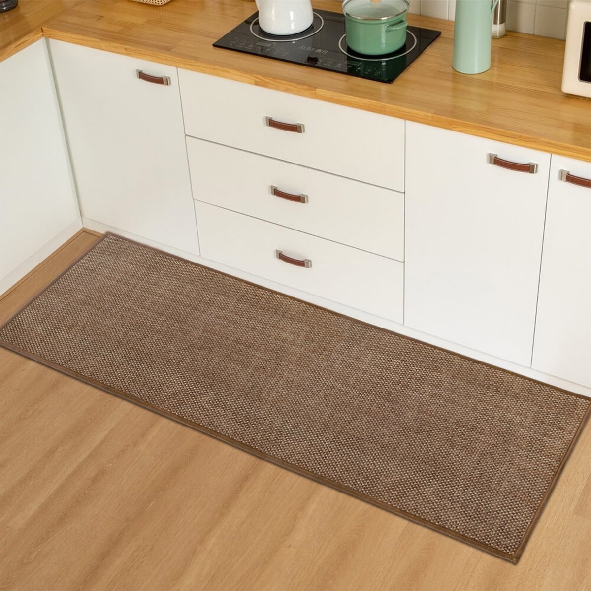 Sm:)e Chenille Kitchen Rug 17x47 Inch - Non-Skid Washable Floor Mat with Rubber Backing, Rustic Farmhouse Style Absorbent Runner, Perfect for Kitchen & Entryway, Coffee