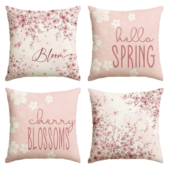 Sm:)e Cherry Blossom Sakura Spring Pillow Cover Set of 4 - 18x18 Inch Polyester Decorative Cushions, PInk