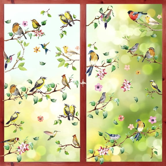 Sm:)e 4 Sheets 60PCS Cherry Blossoms Birds Spring Summer Window Sticker, Glass Home Classroom Office Shop Display Decoration Reusable Party Supplies