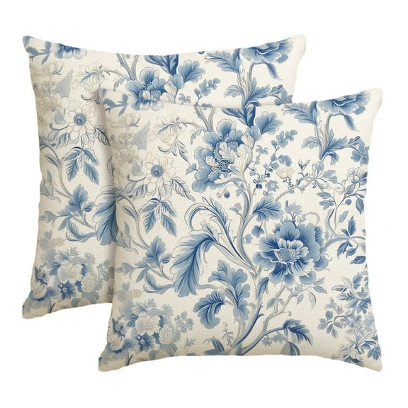 Sm:)e Chinoiserie Flowers Trees Blue Throw Pillow Cover, 18 x 18 Inch 2PC Floral Cushion Case Outdoor Decoration for Sofa Couch Farmhouse