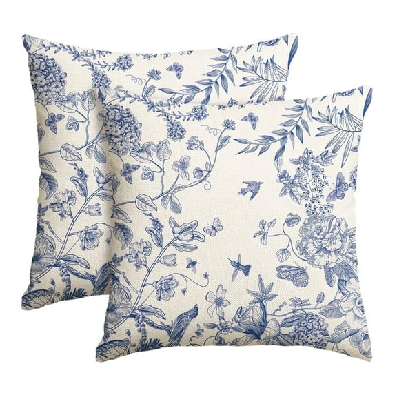 Sm:)e Chinoiserie Grandmillennial Flowers Birds Blue and White Throw Pillow Cover, 18 x 18 Inch 2PC Cushion Case Outdoor Decoration for Sofa Couch Farmhouse