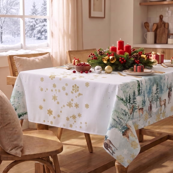 Sm:)e Christmas Tablecloth 60 x 84 Inch Rectangular, Tree Golden Snow Deer Winter Table Cover for Party Picnic Dinner Decor
