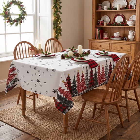 Sm:)e Christmas Tablecloth 60x84 Inch Rectangular, Trees Buffalo Plaid Winter Table Cover for Party Picnic Dinner Decor