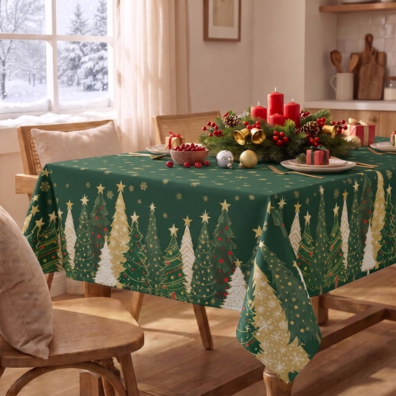 Sm:)e Christmas Tablecloth 60x84 Inch, Trees Green Winter Table Cover for Party Picnic Dinner Decor