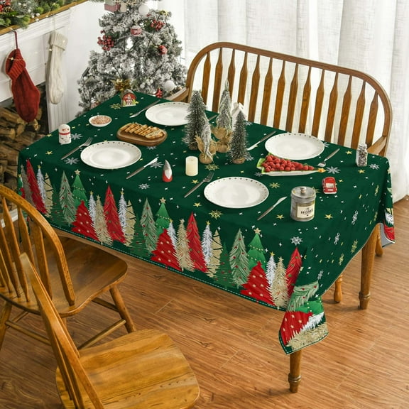 Sm:)e Christmas Tablecloth 60x84 Inch, Trees Green Washable Table Cover for Party Picnic Dinner Decor