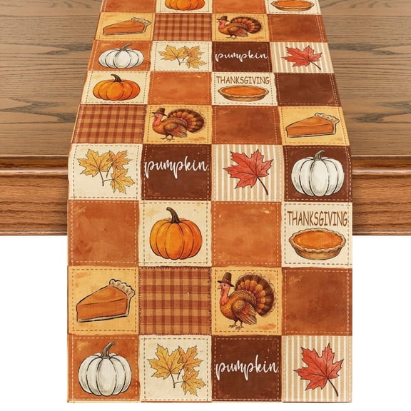 Sm:)e Colorful Turkey Eucalyptus Leaves Plaid Pumpkin Thanksgiving Table Runner, 13x72 Inch, Fall Kitchen Dining Table Decor for Indoor Outdoor Farmhouse Home Party Decoration, Beige
