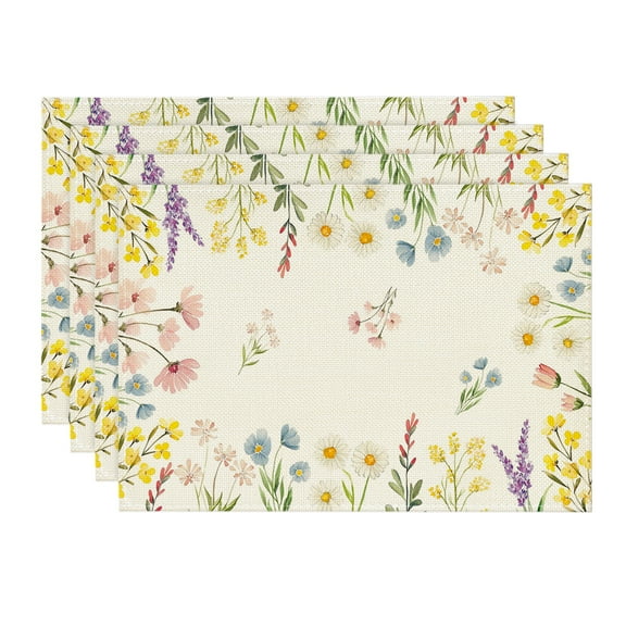 Sm:)e Cream Flowers Floral Polyester 12" x 18" Spring Summer Table Place Mat(4 Set)